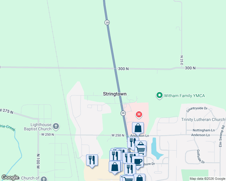 map of restaurants, bars, coffee shops, grocery stores, and more near 2880 Indiana 39 in Lebanon