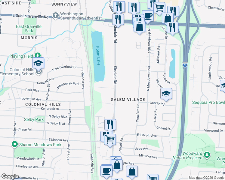 map of restaurants, bars, coffee shops, grocery stores, and more near in Columbus