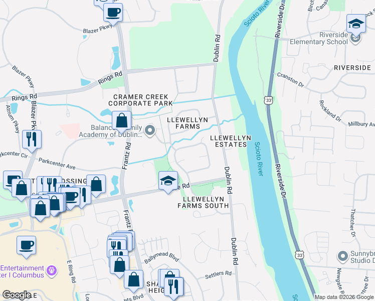 map of restaurants, bars, coffee shops, grocery stores, and more near 4765 Belfield Drive in Dublin
