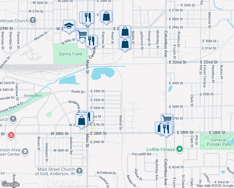 map of restaurants, bars, coffee shops, grocery stores, and more near 404 East 34th Street in Anderson