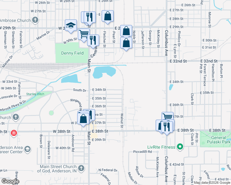 map of restaurants, bars, coffee shops, grocery stores, and more near 404 East 34th Street in Anderson