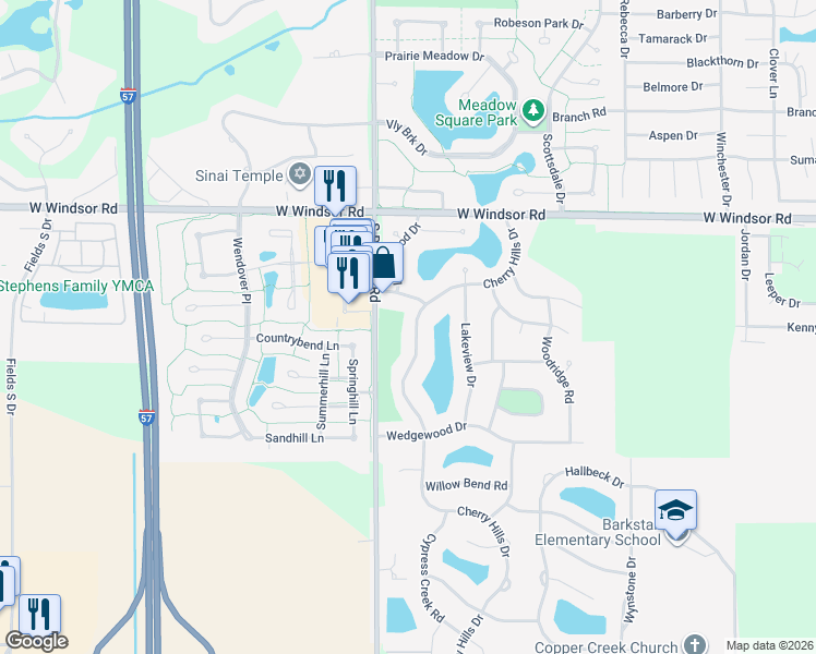 map of restaurants, bars, coffee shops, grocery stores, and more near 2707 Cherry Hills Drive in Champaign