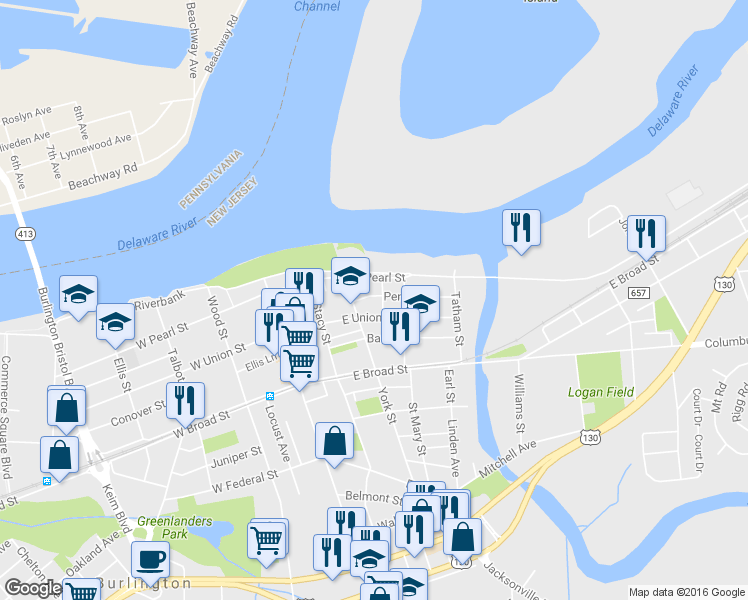 map of restaurants, bars, coffee shops, grocery stores, and more near 222 Penn Street in Burlington