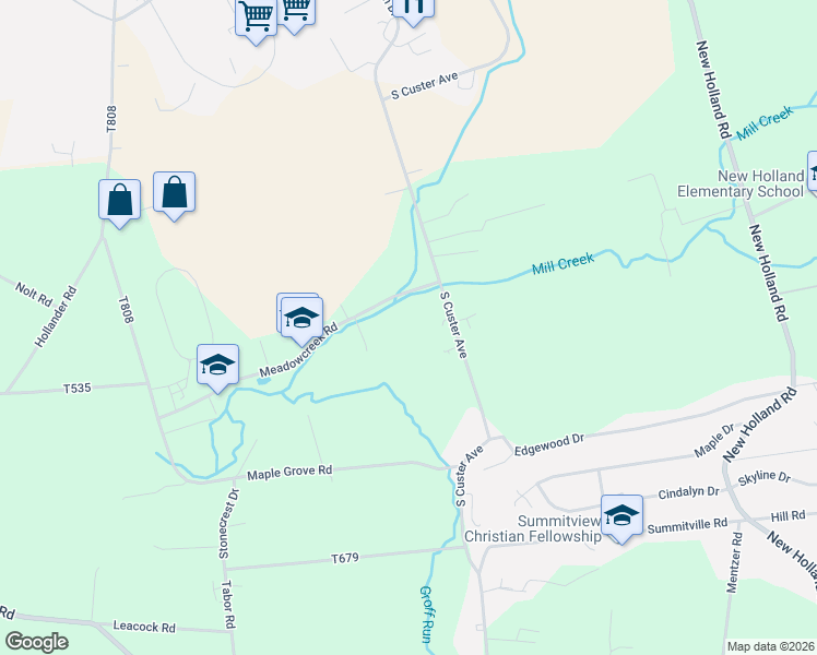 map of restaurants, bars, coffee shops, grocery stores, and more near 736 South Custer Avenue in New Holland