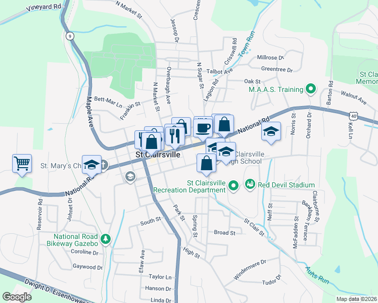 map of restaurants, bars, coffee shops, grocery stores, and more near 133 East Woodrow Avenue in Saint Clairsville
