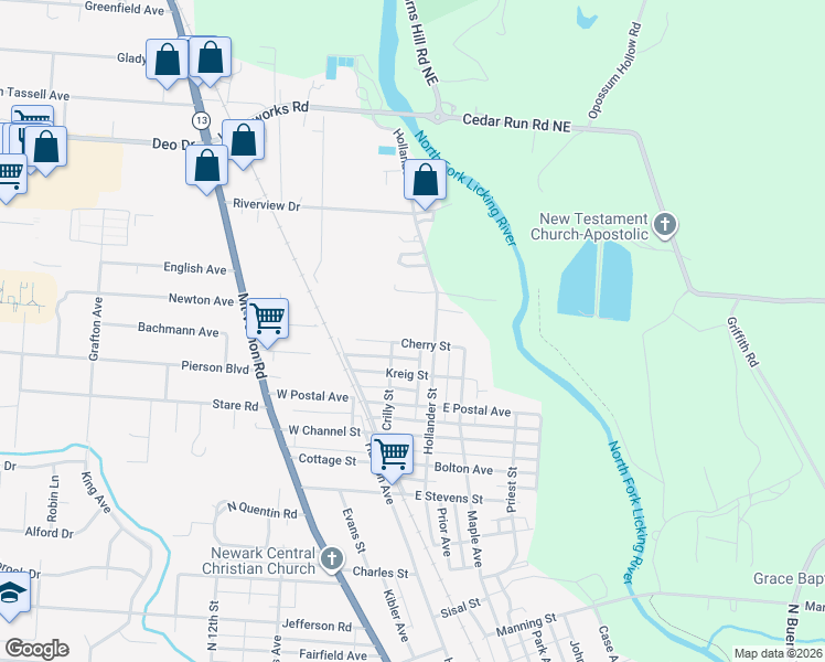 map of restaurants, bars, coffee shops, grocery stores, and more near 89 Cherry Street in Newark
