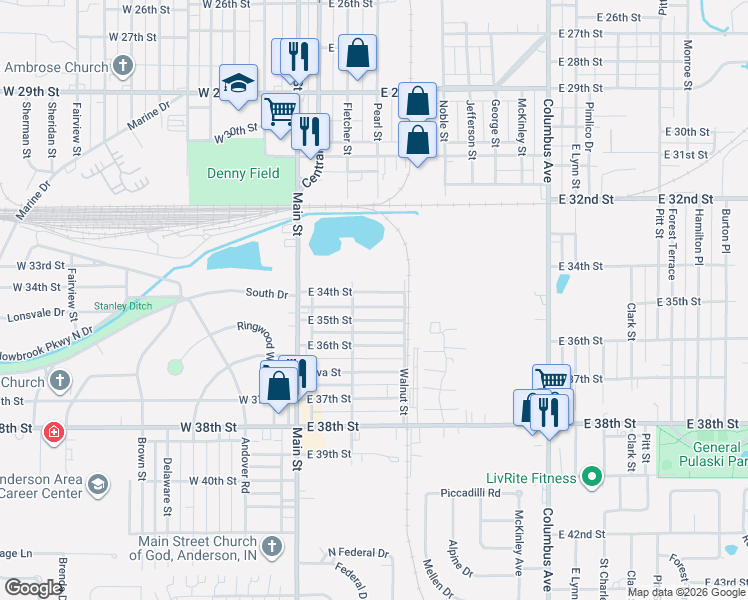 map of restaurants, bars, coffee shops, grocery stores, and more near 404 East 34th Street in Anderson