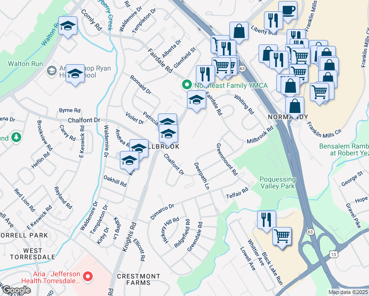 map of restaurants, bars, coffee shops, grocery stores, and more near 4304-4356 Deerpath Ln in Philadelphia