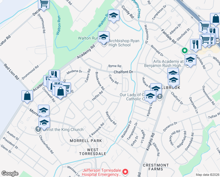 map of restaurants, bars, coffee shops, grocery stores, and more near 3583 Brookview Road in Philadelphia