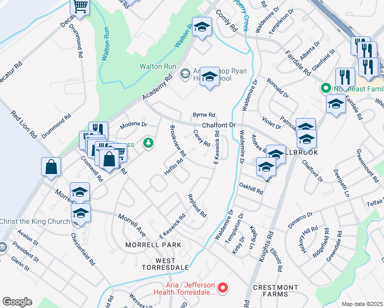 map of restaurants, bars, coffee shops, grocery stores, and more near 10909 Heflin Road in Philadelphia