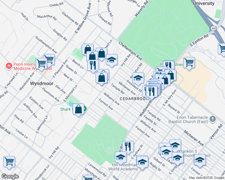 map of restaurants, bars, coffee shops, grocery stores, and more near 8601 Fayette Street in Philadelphia