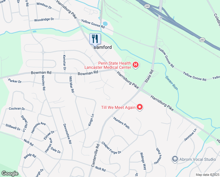 map of restaurants, bars, coffee shops, grocery stores, and more near 1220 Woodworth Drive in Lancaster