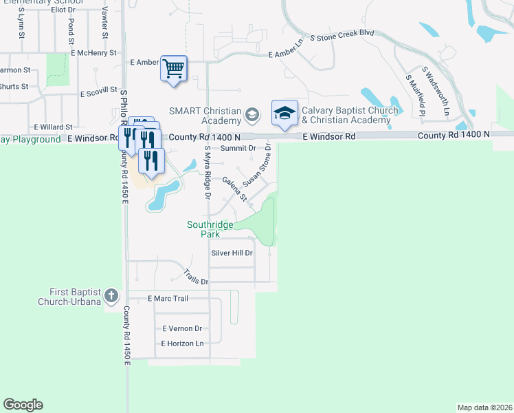 map of restaurants, bars, coffee shops, grocery stores, and more near 1914 Galena Street in Urbana
