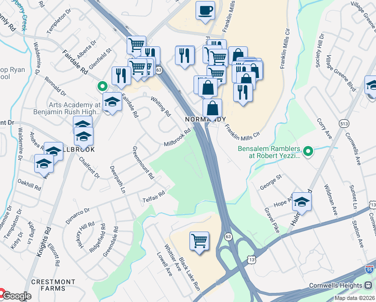 map of restaurants, bars, coffee shops, grocery stores, and more near 4350 Woodhaven Road in Philadelphia