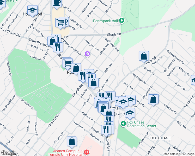 map of restaurants, bars, coffee shops, grocery stores, and more near 8048 Burholme Avenue in Philadelphia