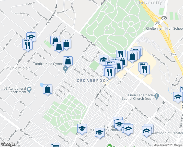 map of restaurants, bars, coffee shops, grocery stores, and more near 8535 Temple Road in Philadelphia