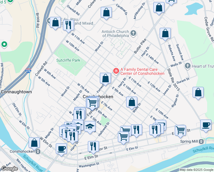 map of restaurants, bars, coffee shops, grocery stores, and more near in Conshohocken