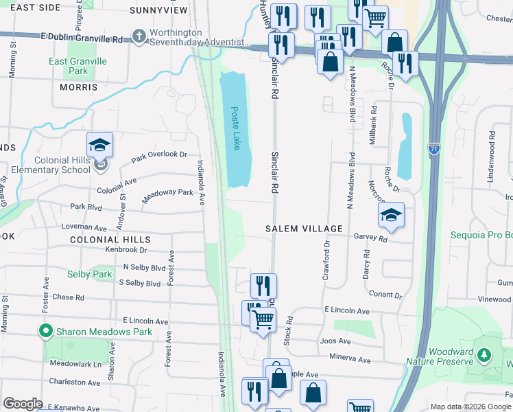 map of restaurants, bars, coffee shops, grocery stores, and more near 695 Shore Drive in Columbus