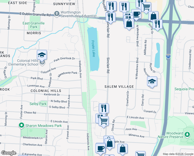 map of restaurants, bars, coffee shops, grocery stores, and more near 695 Shore Drive in Columbus