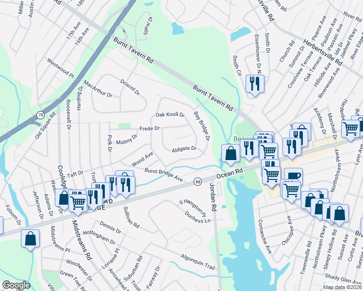 map of restaurants, bars, coffee shops, grocery stores, and more near 12 Aldgate Drive in Brick Township