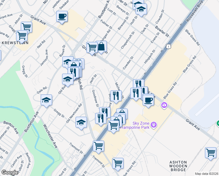 map of restaurants, bars, coffee shops, grocery stores, and more near 1859 Beyer Avenue in Philadelphia