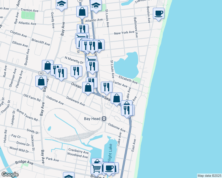 map of restaurants, bars, coffee shops, grocery stores, and more near 309-327 New Jersey 35 in Point Pleasant Beach