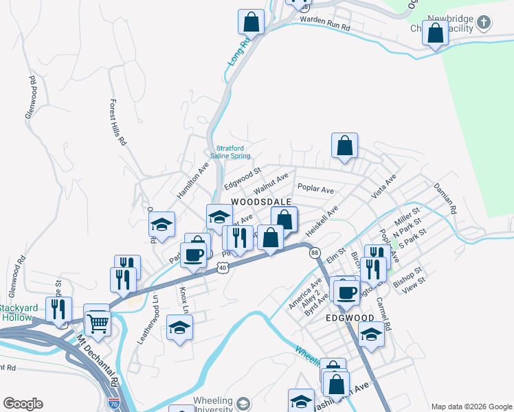 map of restaurants, bars, coffee shops, grocery stores, and more near in Wheeling
