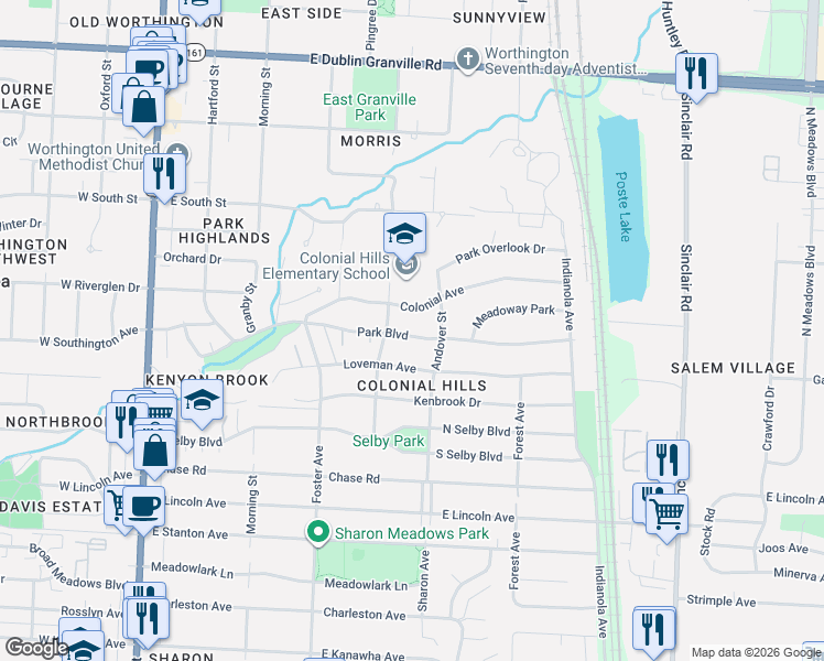 map of restaurants, bars, coffee shops, grocery stores, and more near 371 Park Boulevard in Worthington