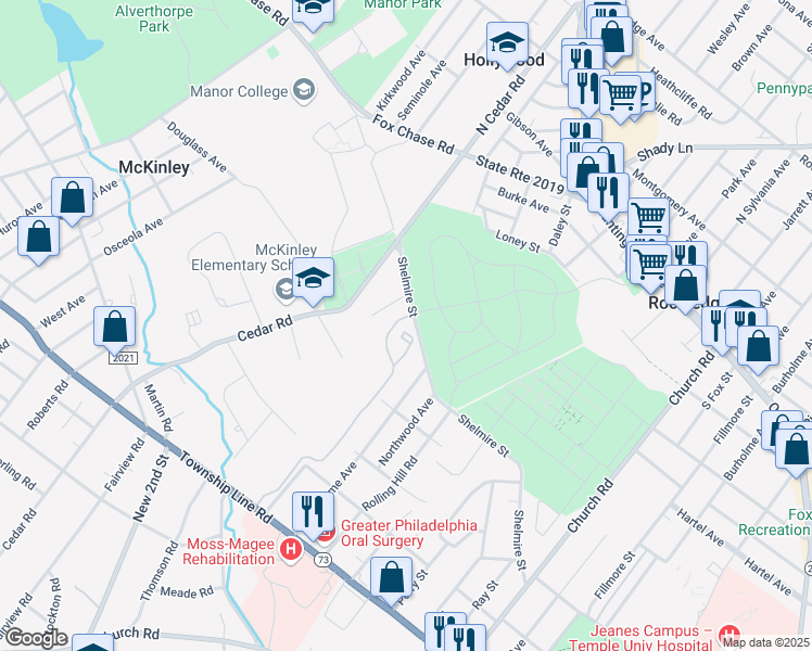 map of restaurants, bars, coffee shops, grocery stores, and more near 707 Valley Glen Road in Elkins Park