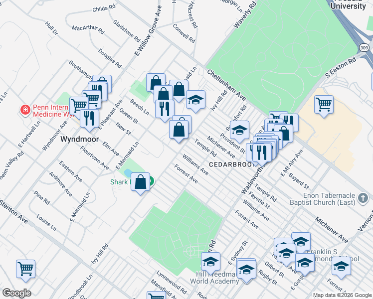 map of restaurants, bars, coffee shops, grocery stores, and more near 8637 Williams Avenue in Philadelphia