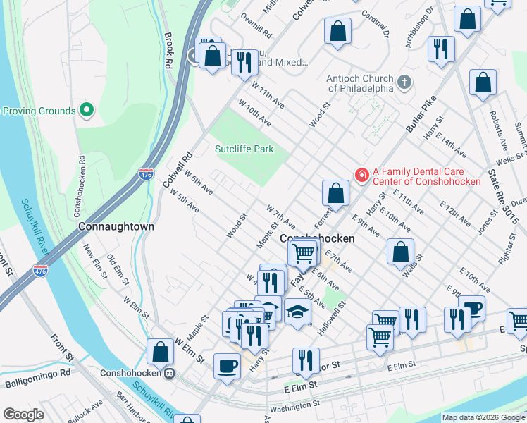 map of restaurants, bars, coffee shops, grocery stores, and more near 618 Maple Street in Conshohocken