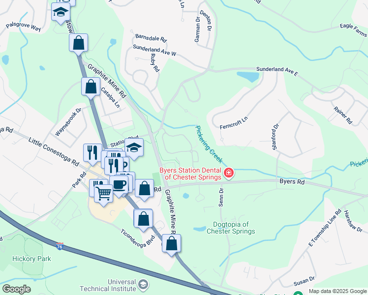 map of restaurants, bars, coffee shops, grocery stores, and more near 75 Granite Lane in Chester Springs