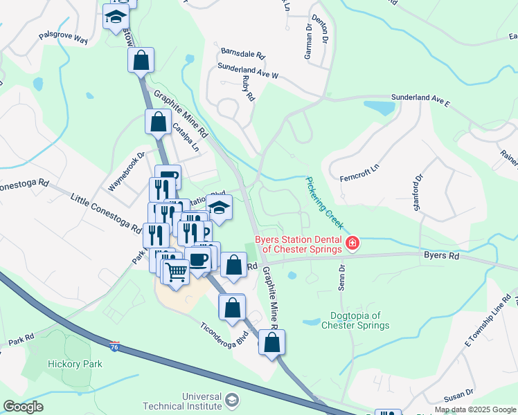 map of restaurants, bars, coffee shops, grocery stores, and more near 48 Granite Lane in Chester Springs