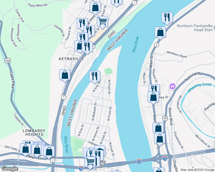 map of restaurants, bars, coffee shops, grocery stores, and more near 622 North Huron Street in Wheeling