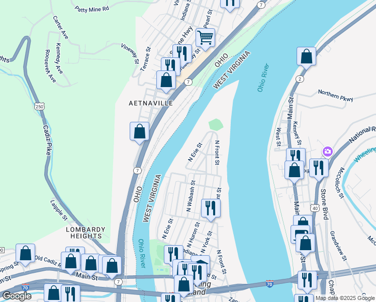 map of restaurants, bars, coffee shops, grocery stores, and more near 611 North Erie Street in Wheeling