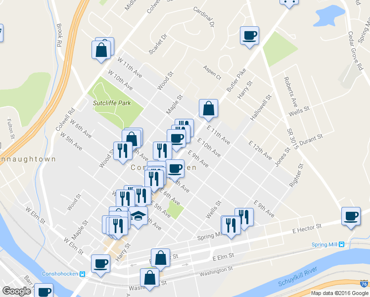 map of restaurants, bars, coffee shops, grocery stores, and more near Fayette Street & East 9th Avenue in Conshohocken