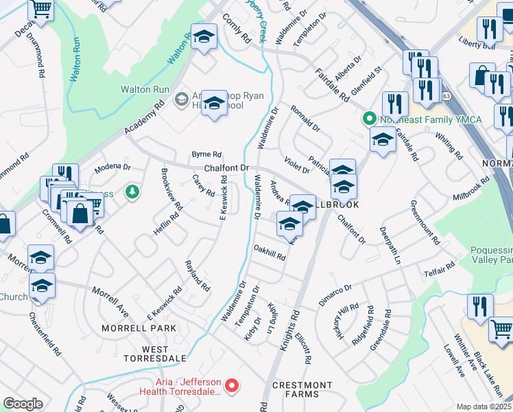map of restaurants, bars, coffee shops, grocery stores, and more near 11050 Waldemire Drive in Philadelphia