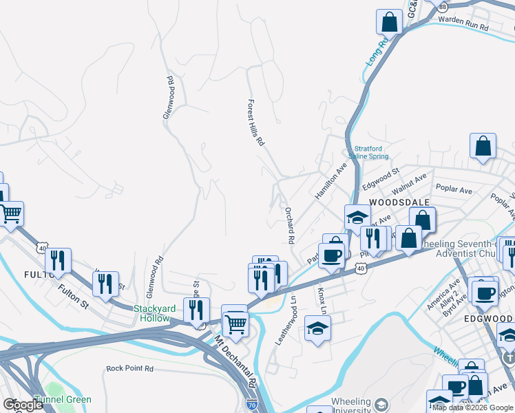 map of restaurants, bars, coffee shops, grocery stores, and more near 36 Orchard Rd in Wheeling