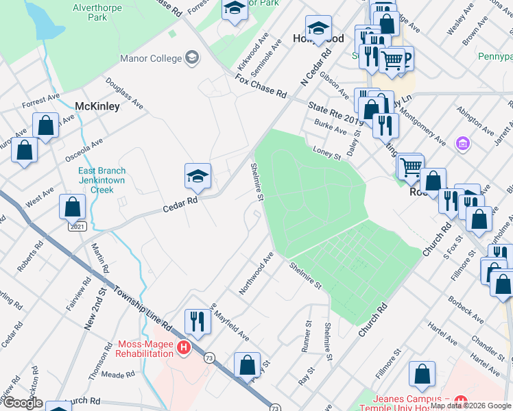 map of restaurants, bars, coffee shops, grocery stores, and more near 314 Glen Way in Elkins Park