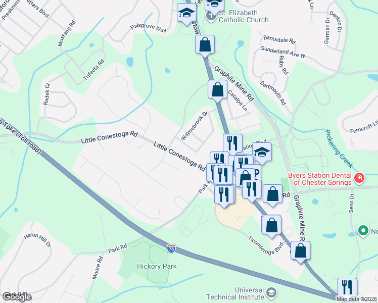 map of restaurants, bars, coffee shops, grocery stores, and more near 240 Little Conestoga Road in Downingtown