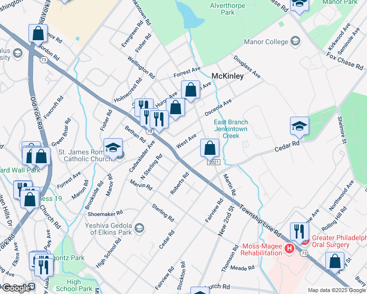 map of restaurants, bars, coffee shops, grocery stores, and more near 123 High School Road in Elkins Park