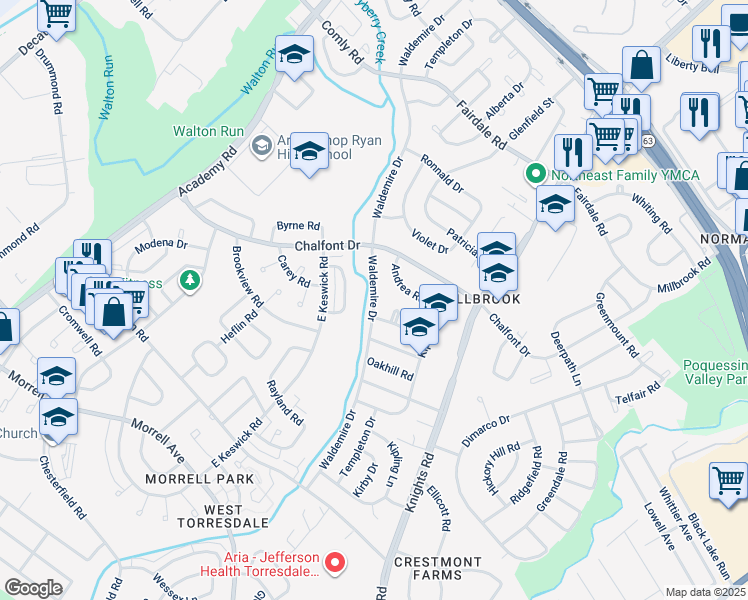 map of restaurants, bars, coffee shops, grocery stores, and more near 11050 Waldemire Drive in Philadelphia