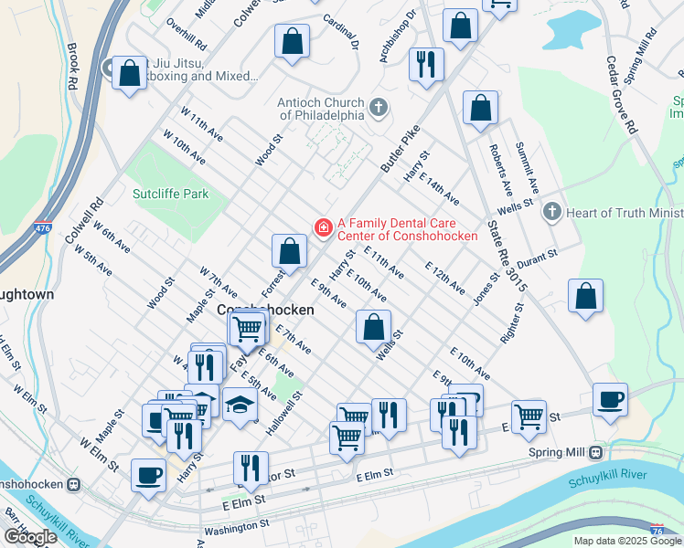 map of restaurants, bars, coffee shops, grocery stores, and more near 105 East 10th Avenue in Conshohocken