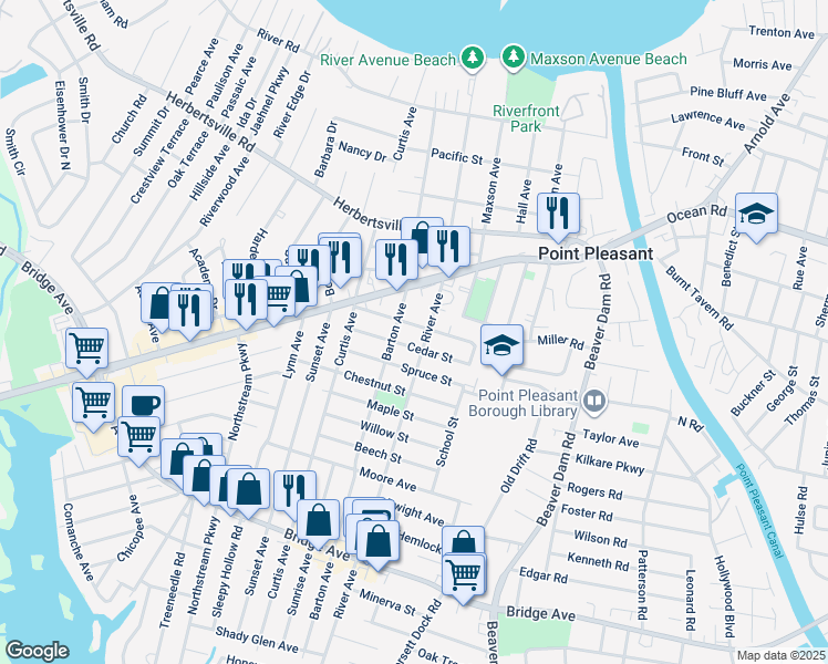 map of restaurants, bars, coffee shops, grocery stores, and more near 2504 Oak Street in Point Pleasant