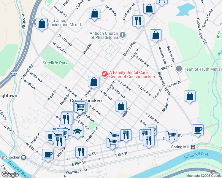 map of restaurants, bars, coffee shops, grocery stores, and more near 105 East 10th Avenue in Conshohocken