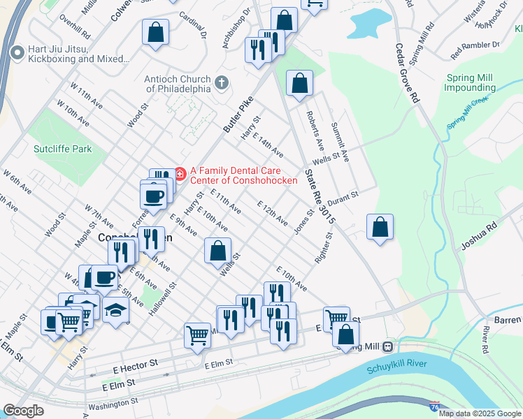 map of restaurants, bars, coffee shops, grocery stores, and more near 241 East 12th Avenue in Conshohocken