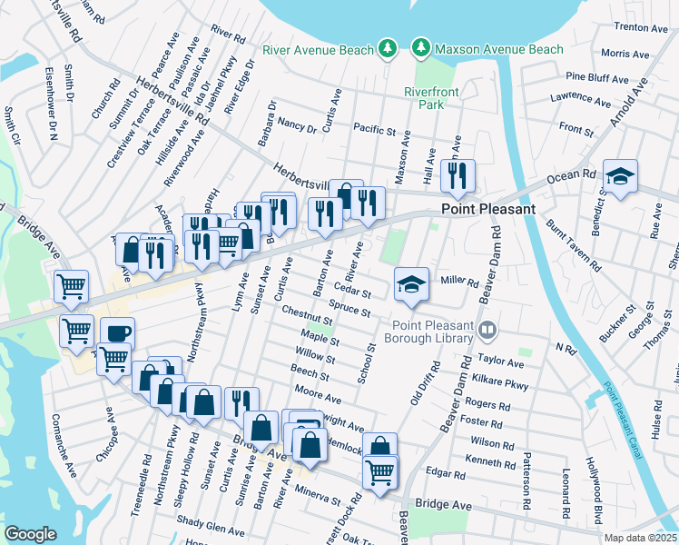map of restaurants, bars, coffee shops, grocery stores, and more near 2504 Oak Street in Point Pleasant