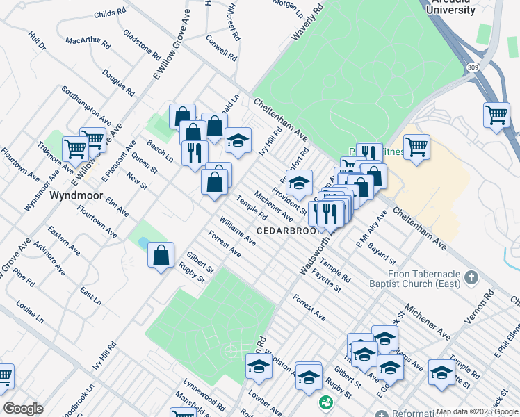 map of restaurants, bars, coffee shops, grocery stores, and more near 8601 Fayette Street in Philadelphia