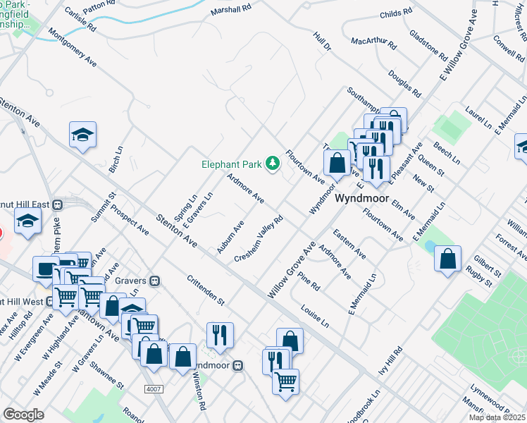 map of restaurants, bars, coffee shops, grocery stores, and more near 8208 Ardmore Avenue in Glenside