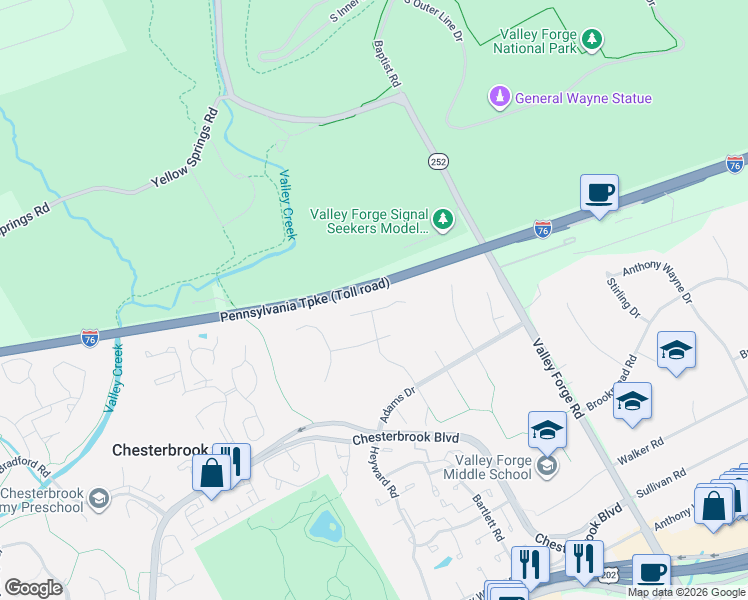 map of restaurants, bars, coffee shops, grocery stores, and more near 270 Lafayette Lane in Chesterbrook